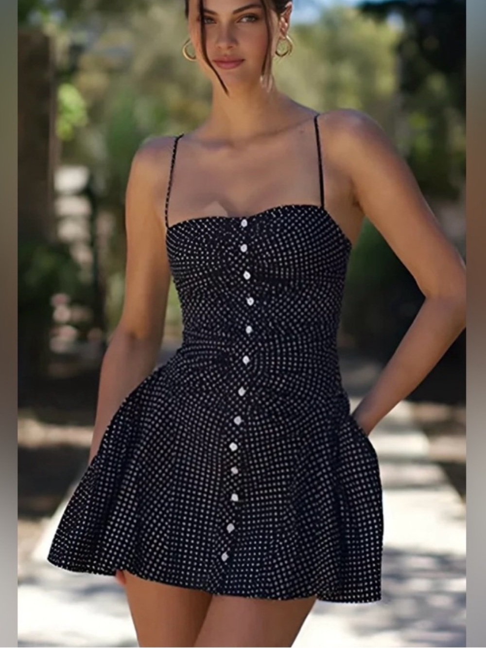 Commense Black Polka Dot Spaghetti-Strap Basque Waist Mini Dress